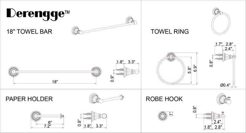 Derengge F-080-BN 4-Piece Bathroom Hardware Accessory Set with 18 Inch Towel Bar -Towel Ring- Paper Holder-Robe Hook Brush Nickel - Image 2
